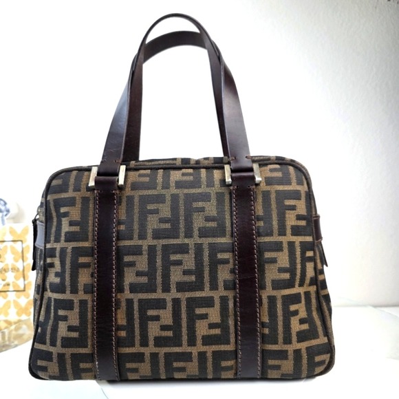 Fendi Handbags - Fendi Zucca‎ Small Boston Satchel Handbag Tobacco Brown Jacquard Purse Vtg